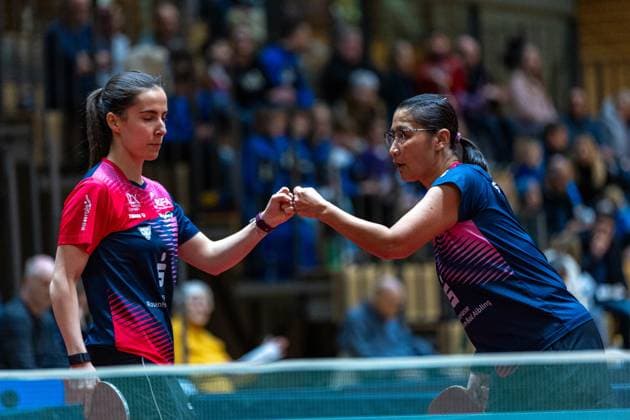 Qianhong Gotsch, SV DJK Kolbermoor with Laura Tiefenbrunner, SV DJK Kolbermoor , SV DJK Kolbermoor vs TTC Berlin eastside , Table Tennis, 1 Bundesliga Women, 7 Matchweek, 2024 2025, 06 12 2024, SV DJK Kolbermoor vs TTC Berlin eastside , Table Tennis, 1 Bundesliga Women, 7 Matchweek, 2024 2025, 06 12 2024, Kolbermoor Copyright: xEibner-Pressefoto MateuszxJopx EP_MJP