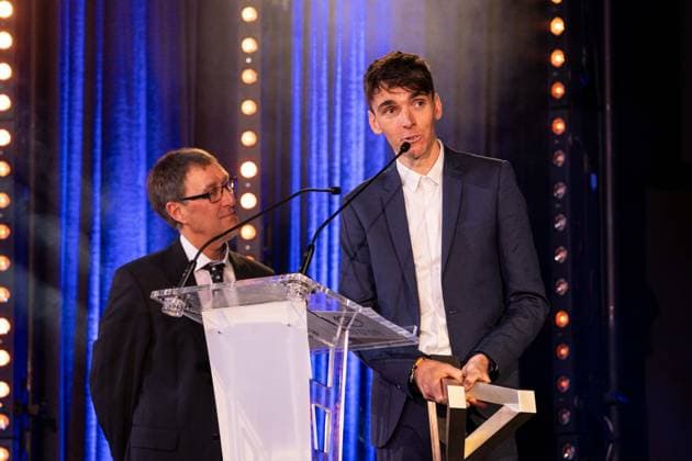 Golden Bike Ceremony - Paris French rider Romain Bardet (R) receives the Bernard Hinault trophy from French former rider Charly Mottet during the Velo d Or 2024 award ceremony at the Pavillon Gabriel in Paris on December 6, 2024. Photo by Alexis Jumeau ABACAPRESS.COM PARIS France  Copyright: xJumeauxAlexis ABACAx