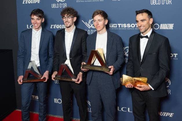 Golden Bike Ceremony - Paris (L-R) French rider Romain Bardet, French rider Alexandre Leaute, Slovenian rider Tadej Pogacar and Spanish rider Luis Angel Mate pose with their trophies during the Velo d Or 2024 award ceremony at the Pavillon Gabriel in Paris on December 6, 2024. Photo by Alexis Jumeau ABACAPRESS.COM PARIS France  Copyright: xJumeauxAlexis ABACAx