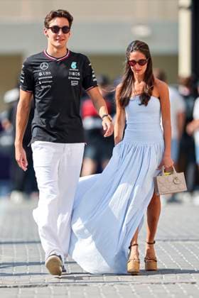George Russell of Great Britain and Mercedes AMG Petronas F1 Team with Girlfriend Carmen Montero Mundt gesturing, Gesturing, Qualifying, F1 Grand Prix of Abu Dhabi, Yas Marina Circuit on 07 December 2024 in Abu Dhabi, United Arab Emirates Photo by Diogo Cardoso DeFodi Images George Russell of Great Britain and Mercedes AMG Petronas F1 Team with Girlfriend Carmen Montero Mundt gesture arriving in the paddock, Qualifying, F1 Grand Prix of Abu Dhabi, Yas Marina Circuit on December 7, 2024 in Abu Dhabi, United Arab Emirates Photo by Diogo Cardoso DeFodi Images Defodi 645 f1abu20241207 018 Defodi-645