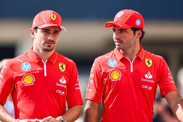 Charles Leclerc of Monaco and Ferrari and Carlos Sainz of Spain and Ferrari gesturing, Gesture, Qualifying, F1 Grand Prix of Abu Dhabi, Yas Marina Circuit on December 07, 2024 in Abu Dhabi, United Arab Emirates Photo by Diogo Cardoso DeFodi Images Charles Leclerc of Monaco and Ferrari and Carlos Sainz of Spain and Ferrari gesture arriving in the paddock, Qualifying, F1 Grand Prix of Abu Dhabi, Yas Marina Circuit on December 7, 2024 in Abu Dhabi, United Arab Emirates Photo by Diogo Cardoso DeFodi Images Defodi 645 f1abu20241207 034 Defodi-645
