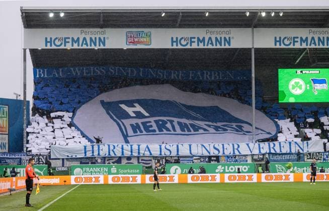 Soccer, Men, Season 2024 2025, 2 Bundesliga 15 Matchday , SpVgg Greuther Fürth Hertha BSC, Guest block, Fans of Hertha, Hertha is our club , Blue and white are our colors, 07 12 2024, Copyright: xMatthiasxKochx