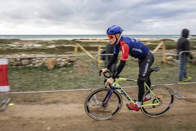 Dutch Pim Ronhaar pictured in action during the preparations of the World Cup cyclocross cycling event in Cabras, Sardinia, stage 3 (out of 12) of the UCI World Cup cyclocross competition, Saturday 07 December 2024. DAVIDxPINTENS  x107543262x