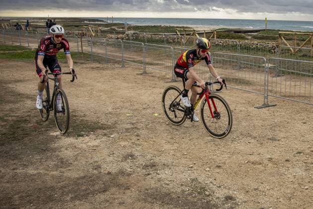 Belgian Michael Vanthourenhout and Belgian Eli Iserbyt pictured in action during the preparations of the World Cup cyclocross cycling event in Cabras, Sardinia, stage 3 (out of 12) of the UCI World Cup cyclocross competition, Saturday 07 December 2024. DAVIDxPINTENS  x107543575x
