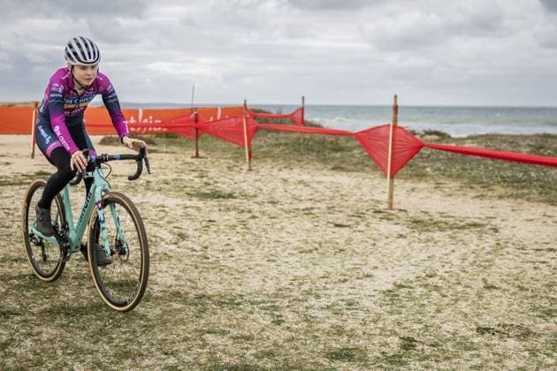 Belgian Laura Verdonschot pictured in action during the preparations of the World Cup cyclocross cycling event in Cabras, Sardinia, stage 3 (out of 12) of the UCI World Cup cyclocross competition, Saturday 07 December 2024. DAVIDxPINTENS  x107543619x