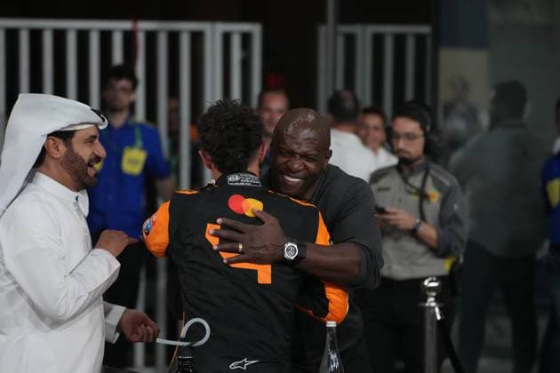 07 12 2024, Yas Marina Circuit, Abu Dhabi, Formula 1 Etihad Airways Abu Dhabi Grand Prix 2024 , in the picture FIA President Mohammed bin Sulayem, Lando Norris GBR , McLaren F1 Team, actor Terry Crews Photo by Hasan Bratic DeFodi Images Defodi 506 20241207 hbr 5902 Defodi-506