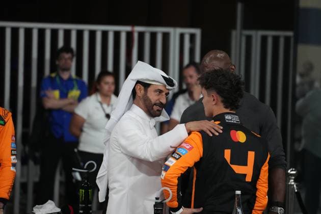 07 12 2024, Yas Marina Circuit, Abu Dhabi, Formula 1 Etihad Airways Abu Dhabi Grand Prix 2024 , in the picture FIA President Mohammed bin Sulayem, Lando Norris GBR , McLaren F1 Team, actor Terry Crews Photo by Hasan Bratic DeFodi Images Defodi 506 20241207 hbr 5943 Defodi-506