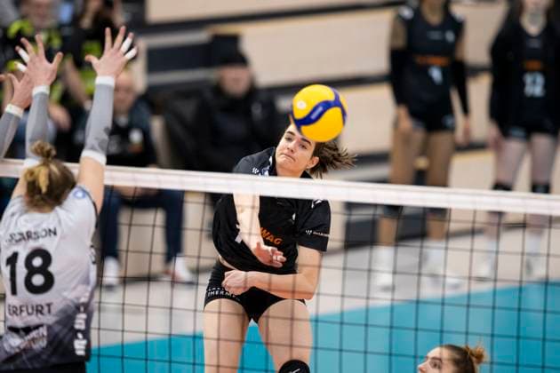 1 Volleyball Bundesliga Women Schwarz Weiss Erfurt vs Ladies in Black Aachen Erfurt 07 12 2024 Nicole Van de Vosse 14 Ladies in Black Aachen vs Kaylee Oscarson 18 Schwarz Weiss Erfurt and Lara Alyssa Darowski 13 Schwarz Weiss Erfurt not in the picture 1 Volleyball Bundesliga Women Schwarz Weiss Erfurt vs Ladies in Black Aachent Riethsporthalle Erfurt 07 12 2024 Copyright: xBEAUTIFULxSPORTS Duehringx