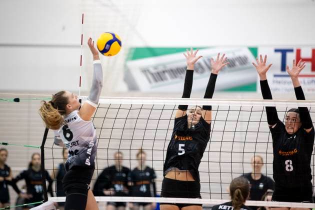 1 Volleyball Bundesliga Women Schwarz Weiss Erfurt vs Ladies in Black Aachen Erfurt 07 12 2024 Kira Thomsen 6 Schwarz Weiss Erfurt vs Jelena Novakovic 5 Ladies in Black Aachen and Cara McKenzie 8 Ladies in Black Aachen 1 Volleyball Bundesliga Women Schwarz Weiss Erfurt vs Ladies in Black Aachent Riethsporthalle Erfurt 07 12 2024 Copyright: xBEAUTIFULxSPORTS Duehringx