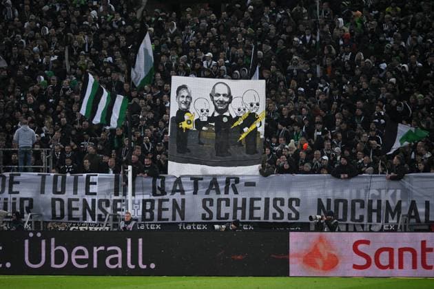 Fan protest by Gladbach fans against the DFBs vote for the 2034 World Cup in Saudi Arabia 07 12 2024, Football 1 Bundesliga, 13 Matchday, Season 2024 2025 Borussia Mönchengladbach Borussia Dortmund 1 1 Moenchengladbach Borussia Park Nordrhein Westfalen Germany Team2
