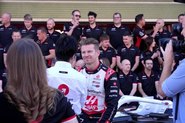 Formula 1 Etihad Airways Abu Dhabi Grand Prix 2024 08 12 2024, Yas Marina Circuit, Abu Dhabi, Formula 1 Etihad Airways Abu Dhabi Grand Prix 2024 , in the picture team photo of MoneyGram Haas F1 Team with Kevin Magnussen DNK , MoneyGram Haas F1 Team and Nico Hülkenberg DEU , MoneyGram Haas F1 Team nordphotoxGmbHx xBratic nph00250