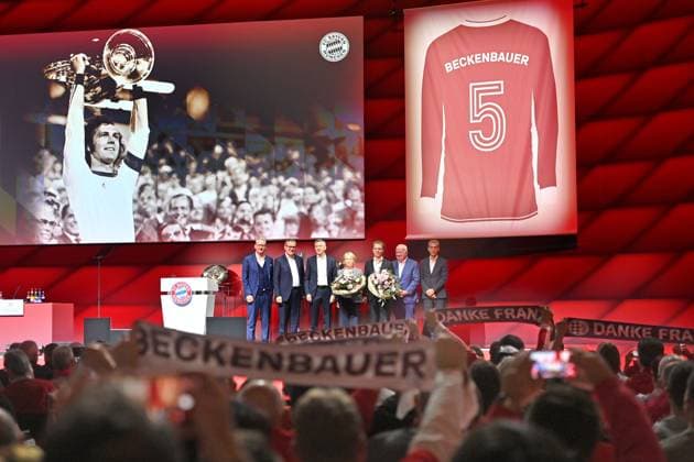 In memory of the late Franz Beckenbauer Overview, The jersey with the number 5 should never be awarded again from left Prof Dr Dieter MAYER Vice President FCB , Jan Christian DREESEN Chairman FCB , Herbert HAINER President Bayern Muenchen , Heidi BECKENBAUER,Joel BECKENBAUER, Joel BECKENBAUER, Walter MENNEKES 2 Vice President FC Bayern Muenchen , Dr Michael Diederich CFO FCB Annual General Meeting 2024 of FC Bayern Muenchen e V on 08 12 2024 Rudi Sedlmayer Halle