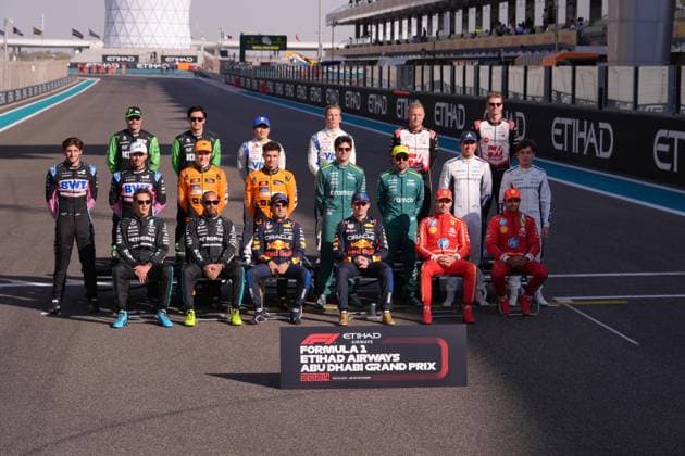 Formula 1 Etihad Airways Abu Dhabi Grand Prix 2024 08 12 2024, Yas Marina Circuit, Abu Dhabi, Formula 1 Etihad Airways Abu Dhabi Grand Prix 2024 , in the picture final photo of the 2024 season Back row from left to right Valtteri Bottas FIN , Stake F1 Team Kick Sauber, Zhou Guanyu CHN , Stake F1 Team Kick Sauber, Yuki Tsunoda JPN , Visa Cash App RB Formula One Team, Liam Lawson NZL , Visa Cash App RB Formula One Team, Kevin Magnussen DNK , MoneyGram Haas F1 Team, Nico Hülkenberg DEU , MoneyGram Haas F1 Team Middle row from left to right Jack Doohan AUS , Alpine F1 Team, Pierre Gasly FRA , Alpine F1 Team, Oscar Piastri AUS , McLaren F1 Team, Lando Norris GBR , McLaren F1 Team, Lance Stroll CAN , Aston Martin Aramco Cognizant Formula One Team, Fernando Alonso ESP , Aston Martin Aramco Cognizant Formula One Team, Alexander Albon GBR , Williams Racing, Franco Colapinto ARG , Williams Racing Front row from left to right George Russell GBR , Mercedes AMG Petronas Formula One Team, Lewis Hamilton GBR , Mercedes AMG Petronas Formula One Team, Sergio Perez MEX , Oracle Red Bull Racing, Max Verstappen NLD , Oracle Red Bull Racing, Charles Leclerc MCO , Scuderia Ferrari HP, Carlos Sainz Jr ESP , Scuderia Ferrari HP nordphotoxGmbHx xBratic nph00250
