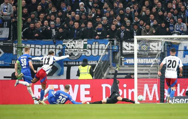 08 12 2024, Soccer 2 Bundesliga 2024 2025, Matchday 15, Hamburger SV SV Darmstadt 98, at Volksparkstadion Hamburg Goal for 1 0 by scorer Ransford Yeboah Königsdörffer Hamburg DFL and DFB regulations prohibit any use of photographs as image sequences and or quasi video