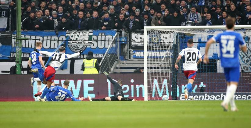 08 12 2024, Soccer 2 Bundesliga 2024 2025, Matchday 15, Hamburger SV SV Darmstadt 98, at Volksparkstadion Hamburg Goal for 1 0 by scorer Ransford Yeboah Königsdörffer Hamburg DFL and DFB regulations prohibit any use of photographs as image sequences and or quasi video