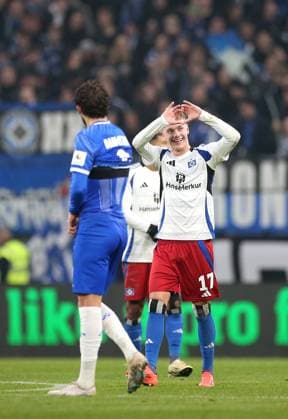 08 12 2024, Soccer 2 Bundesliga 2024 2025, Matchday 15, Hamburger SV SV Darmstadt 98, at Volksparkstadion Hamburg Cheering goalscorer Adam Karabec Hamburg to score 2 1 DFL and DFB regulations prohibit any use of photographs as image sequences and or quasi video