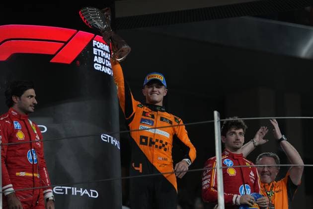 Formula 1 Etihad Airways Abu Dhabi Grand Prix 2024 08 12 2024, Yas Marina Circuit, Abu Dhabi, Formula 1 Etihad Airways Abu Dhabi Grand Prix 2024 , in the picture podium , winner Lando Norris GBR , McLaren F1 Team, 2nd place for Carlos Sainz Jr ESP , Scuderia Ferrari HP, 3rd place for Charles Leclerc MCO , Managing Director Zak Brown McLaren Formula 1 Team nordphotoxGmbHx xBratic nph00250