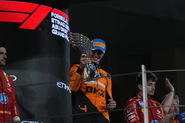 Formula 1 Etihad Airways Abu Dhabi Grand Prix 2024 08 12 2024, Yas Marina Circuit, Abu Dhabi, Formula 1 Etihad Airways Abu Dhabi Grand Prix 2024 , in the picture podium , winner Lando Norris GBR , McLaren F1 Team, 2nd place for Carlos Sainz Jr ESP , Scuderia Ferrari HP, 3rd place for Charles Leclerc MCO , Managing Director Zak Brown McLaren Formula 1 Team nordphotoxGmbHx xBratic nph00250