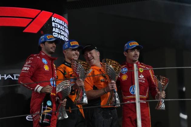 Formula 1 Etihad Airways Abu Dhabi Grand Prix 2024 08 12 2024, Yas Marina Circuit, Abu Dhabi, Formula 1 Etihad Airways Abu Dhabi Grand Prix 2024 , in the picture podium , winner Lando Norris GBR , McLaren F1 Team, 2nd place for Carlos Sainz Jr ESP , Scuderia Ferrari HP, 3rd place for Charles Leclerc MCO , Managing Director Zak Brown McLaren Formula 1 Team nordphotoxGmbHx xBratic nph00250