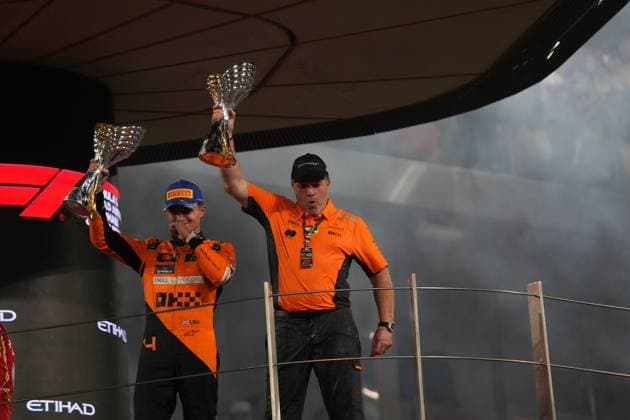 Formula 1 Etihad Airways Abu Dhabi Grand Prix 2024 08 12 2024, Yas Marina Circuit, Abu Dhabi, Formula 1 Etihad Airways Abu Dhabi Grand Prix 2024 , in the picture podium , winner Lando Norris GBR , McLaren F1 Team, Managing Director Zak Brown McLaren Formula 1 Team nordphotoxGmbHx xBratic nph00250