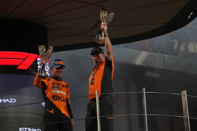 Formula 1 Etihad Airways Abu Dhabi Grand Prix 2024 08 12 2024, Yas Marina Circuit, Abu Dhabi, Formula 1 Etihad Airways Abu Dhabi Grand Prix 2024 , in the picture podium , winner Lando Norris GBR , McLaren F1 Team, Managing Director Zak Brown McLaren Formula 1 Team nordphotoxGmbHx xBratic nph00250