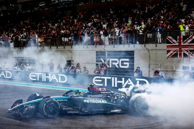 Lewis Hamilton of Great Britain and Mercedes AMG Petronas F1 Team doing donuts on track at the end of the race to celebrate the last race for Mercedes, Race, F1 Grand Prix of Abu Dhabi, Yas Marina Circuit on December 08, 2024 in Abu Dhabi, United Arab Emirates Photo by Diogo Cardoso DeFodi Images Lewis Hamilton of Great Britain and Mercedes AMG Petronas F1 Team doing donuts on track at the end of the race to celebrate last race for Mercedes, Race, F1 Grand Prix of Abu Dhabi, Yas Marina Circuit on December 8, 2024 in Abu Dhabi, United Arab Emirates Photo by Diogo Cardoso DeFodi Images Defodi 645 f1abu20241208 079 Defodi-645