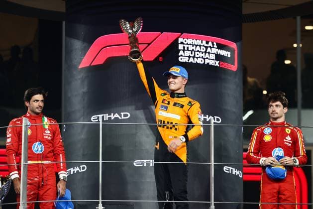 F1 Abu Dhabi Grand Prix Lando Norris of McLaren celebrates on the podium during Formula 1 Abu Dhabi Grand Prix at Yas Marina Circuit on December 8th, 2024 in Abu Dhabi, United Arab Emirates. Abu Dhabi United Arab Emirates  Copyright: xBeataxZawrzelx originalFilename:zawrzel-f1abudha241208_nph3T.jpg