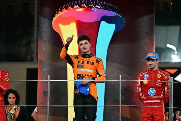 Formula 1 Etihad Airways Abu Dhabi Grand Prix 2024 08 12 2024, Yas Marina Circuit, Abu Dhabi, Formula 1 Etihad Airways Abu Dhabi Grand Prix 2024 , in the picture podium , winner Lando Norris GBR , McLaren F1 Team, 2nd place for Carlos Sainz Jr ESP , Scuderia Ferrari HP, 3rd place for Charles Leclerc MCO , Managing Director Zak Brown McLaren Formula 1 Team nordphotoxGmbHx xBratic nph00250