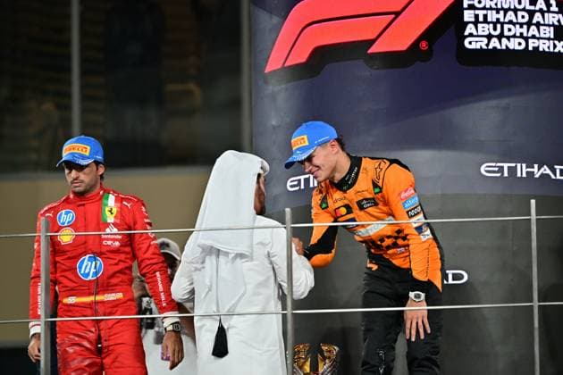 Formula 1 Etihad Airways Abu Dhabi Grand Prix 2024 08 12 2024, Yas Marina Circuit, Abu Dhabi, Formula 1 Etihad Airways Abu Dhabi Grand Prix 2024 , in the picture podium , winner Lando Norris GBR , McLaren F1 Team, 2nd place for Carlos Sainz Jr ESP , Scuderia Ferrari HP, 3rd place for Charles Leclerc MCO , Managing Director Zak Brown McLaren Formula 1 Team nordphotoxGmbHx xBratic nph00250