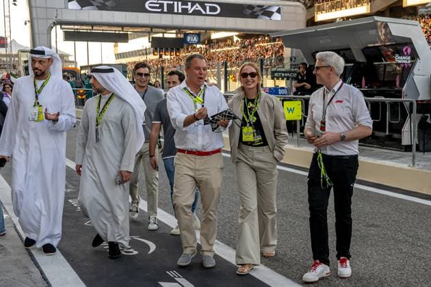 ABU DHABI, UNITED ARAB EMIRATES: Uma Thurman, racing for the Red Bull Racing team during the 2024 Formula 1 Abu Dhabi Grand Prix at the Yas Marina Circuit in Abu Dhabi, United Arab Emirates