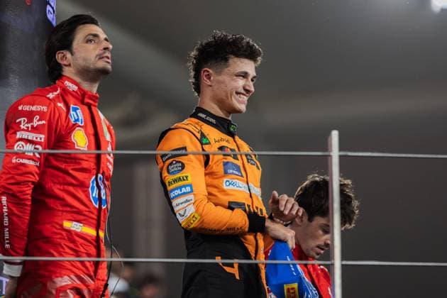Yas Marina Circuit, Abu Dhabi, United Arab Emirates 8.December.2024; Lando Norris, Carlos Sainz and Charles Leclerc on the podium during Formula One Abu Dhabi GP  (275665131)