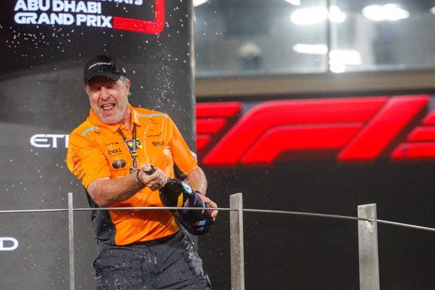 December 8, 2024, Yas Marina, Rieti, Abu Dhabi: PODIUM OF THE RACE; From L to R Carlos Sainz Jr. (ESP) - Scuderia Ferrari - Ferrari SF-24 - Ferrari, Lando Norris (GBR) - McLaren Formula 1 Team - McLaren MCL38 - Mercedes Charles Leclerc (MON) - Scuderia Ferrari - Ferrari SF-24 - Ferrar Zak Brown (USA) - CEO McLaren Racing.during Race Day, Sunday of Formula 1 Etihad Airways Abu Dhabi Grand Prix 2024, Yas Marina, Abu Dhabi 6-8 December 2024 Yas Marina Abu Dhabi - ZUMAm217 20241208_zsp_m217_075 Copyright: xAlessioxDexMarcox