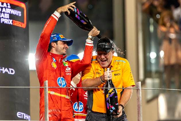 ABU DHABI, UNITED ARAB EMIRATES DECEMBER 08 McLaren Chief Executive Officer Zak Brown and Second placed Carlos Sainz of Spain and Ferrari celebrate on the podium during the F1 Grand Prix of Abu Dhabi at Yas Marina Circuit on December 08, 2024 in Abu Dhabi, United Arab Emirates Abu Dhabi Yas Marina Circuit United Arab Emirates Copyright: xJustPictures.ch EdmundxSox jp-en-EuSpIm-so4_2024-ABUDHAB-F1_20241208_ESR33687