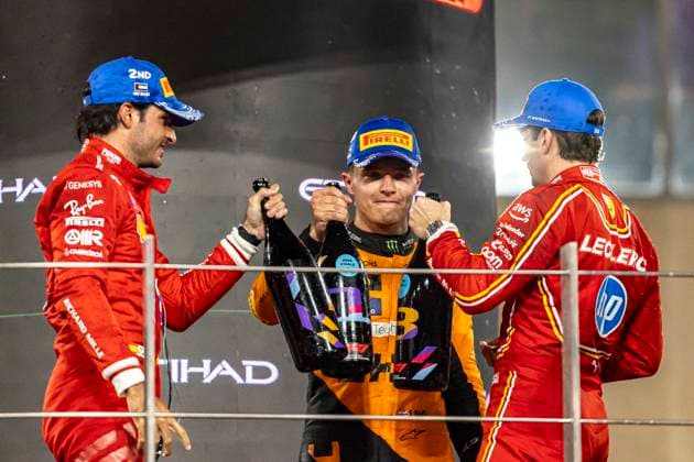 ABU DHABI, UNITED ARAB EMIRATES DECEMBER 08 Lando Norris of Great Britain and McLaren, Carlos Sainz of Spain and Ferrari, and Charles Leclerc of Monaco and Ferrari celebrate on the podium during the F1 Grand Prix of Abu Dhabi at Yas Marina Circuit on December 08, 2024 in Abu Dhabi, United Arab Emirates Abu Dhabi Yas Marina Circuit United Arab Emirates Copyright: xJustPictures.ch EdmundxSox jp-en-EuSpIm-so4_2024-ABUDHAB-F1_20241208_ESR33711