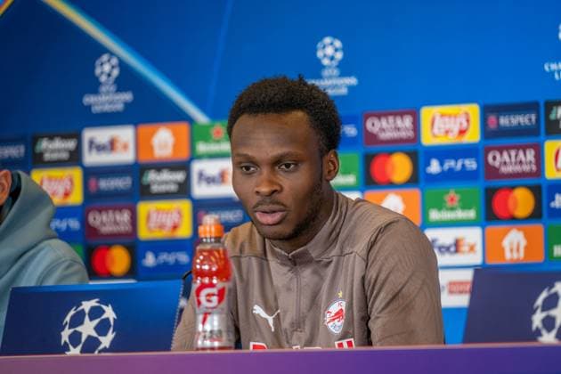 SOCCER - UEFA CL, RBS vs PSG SALZBURG,AUSTRIA,09.DEC.24 - SOCCER - UEFA Champions League, Red Bull Salzburg vs Paris Saint German, preview, press conference, PK, Pressekonferenz RBS. Image shows Samson Baidoo (RBS).  GEPAxpictures xWolfgangxKofler