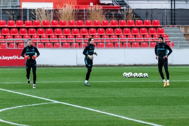 UEFA Champions League final training Bayer 04 Leverkusen 09 12 2024 Matej Kovar Bayer 04 Leverkusen, 17 , Oleksandr Petrenko Bayer 04 Leverkusen , Lukas Hradecky Bayer 04 Leverkusen, 1 warm up UEFA Champions League final training Bayer 04 Leverkusen before the match against Inter Milan, Leverkusen, BayArena on 09 12 2024 Copyright: xBEAUTIFULxSPORTS Wunderlx