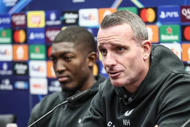 Club s Joel Ordonez and Club s head coach Nicky Hayen pictured during a press conference, PK, Pressekonferenz of Belgian Club Brugge KV, Monday 09 December 2024 in Brugge. Tomorrow, they will play against Portuguese club Sporting CP, on the sixth day of the UEFA Champions League league phase. BRUNOxFAHY  x107763101x
