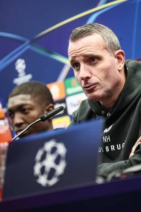 Club s head coach Nicky Hayen pictured during a press conference, PK, Pressekonferenz of Belgian Club Brugge KV, Monday 09 December 2024 in Brugge. Tomorrow, they will play against Portuguese club Sporting CP, on the sixth day of the UEFA Champions League league phase. BRUNOxFAHY  x107763201x