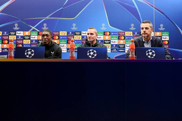 Sport Bilder des Tages Club Brugge v Sporting CP - UEFA Champions League Media Activities 09 12 2024 BRUGGE, BELGIUM - DECEMBER 09 : Ordonez Joel defender of Club Brugge, Hayen Nicky head coach of Club Brugge and Willem Kirsten Communications Director of Club Brugge talking to the press during a press conference, PK, Pressekonferenz ahead of the UEFA Champions League 2024 25 League Phase MD6 match between Club Brugge and Sporting CP on December 9, 2024 in Brugge, Belgium, 09 12 2024 Brugge Belgium  Copyright: xTomasxSiskx