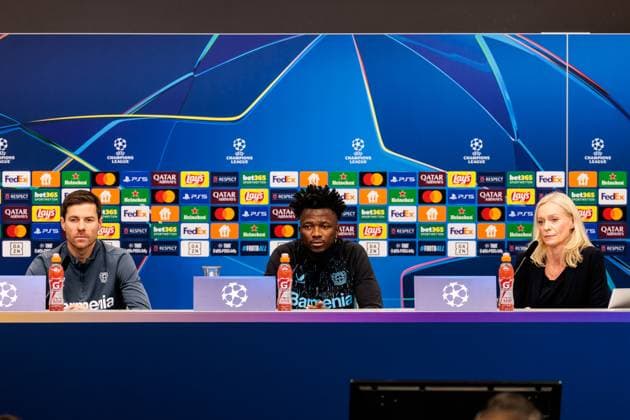 UEFA Champions League final training Bayer 04 Leverkusen 09 12 2024 Xabi Alonso Head Coach Bayer 04 Leverkusen , Edmond Tapsoba Bayer 04 Leverkusen, 12 , Valeska Homburg Head of Media Bayer 04 Leverkusen during the press conference UEFA Champions League final training Bayer 04 Leverkusen before the match against Inter Milan, Leverkusen, BayArena on 09 12 2024 Copyright: xBEAUTIFULxSPORTS Wunderlx