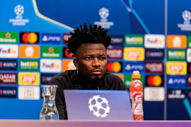 UEFA Champions League final training Bayer 04 Leverkusen 09 12 2024 Edmond Tapsoba Bayer 04 Leverkusen, 12 during the press conference UEFA Champions League final training Bayer 04 Leverkusen before the match against Inter Milan, Leverkusen, BayArena on 09 12 2024 Copyright: xBEAUTIFULxSPORTS Wunderlx