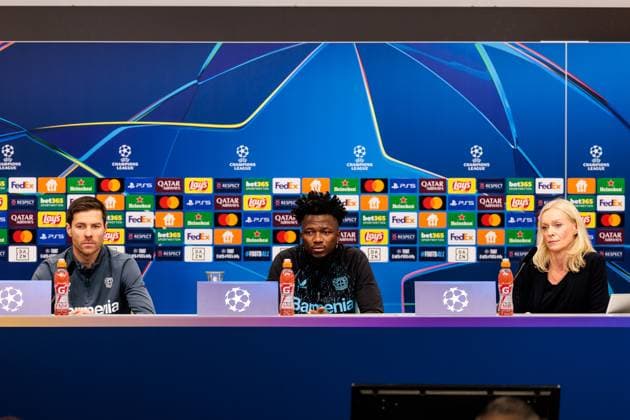 UEFA Champions League final training Bayer 04 Leverkusen 09 12 2024 Xabi Alonso Head Coach Bayer 04 Leverkusen , Edmond Tapsoba Bayer 04 Leverkusen, 12 , Valeska Homburg Head of Media Bayer 04 Leverkusen during the press conference UEFA Champions League final training Bayer 04 Leverkusen before the match against Inter Milan, Leverkusen, BayArena on 09 12 2024 Copyright: xBEAUTIFULxSPORTS Wunderlx