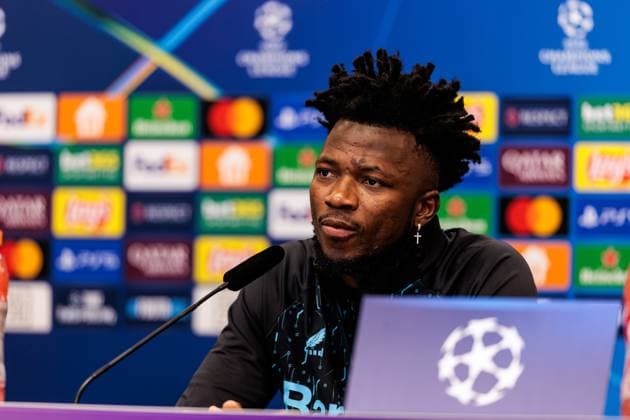 UEFA Champions League final training Bayer 04 Leverkusen 09 12 2024 Edmond Tapsoba Bayer 04 Leverkusen, 12 during the press conference UEFA Champions League final training Bayer 04 Leverkusen before the match against Inter Milan, Leverkusen, BayArena on 09 12 2024 Copyright: xBEAUTIFULxSPORTS Wunderlx