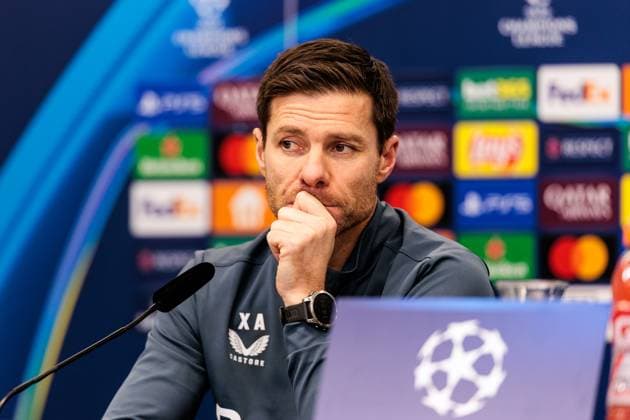 UEFA Champions League final training Bayer 04 Leverkusen 09 12 2024 Xabi Alonso head coach Bayer 04 Leverkusen pensive during the press conference UEFA Champions League final training Bayer 04 Leverkusen before the match against Inter Milan, Leverkusen, BayArena on 09 12 2024 Copyright: xBEAUTIFULxSPORTS Wunderlx