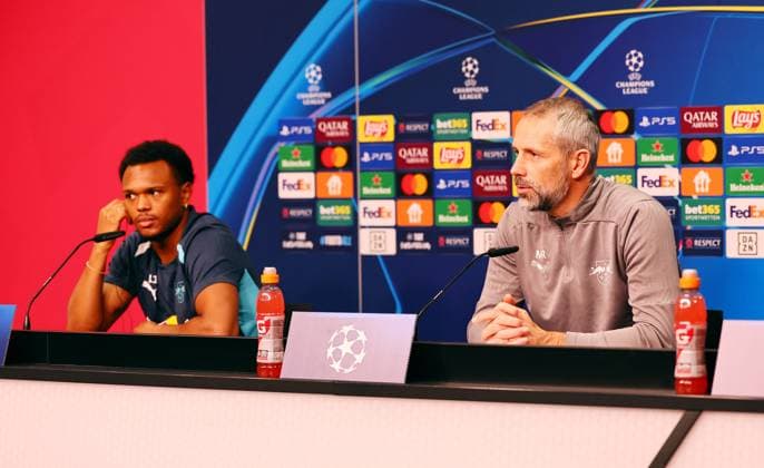 RB Leipzig press conference Champions League Leipzig, 09 12 2024, Red Bull Arena, Football, UEFA Champions League, Matchday 1, RB LEIPZIG vs ASTON VILLA FC on 10 12 2024 , Press conference RB Leipzig the day before the match , In the picture Lois Openda player RB Leipzig and coach Marco Rose RB Leipzig , , Picture Point