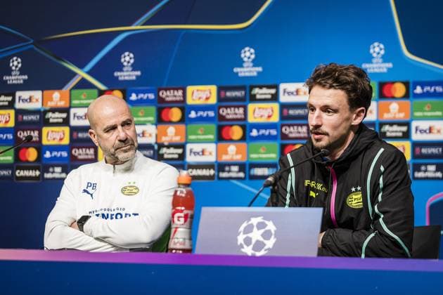 GUINGAMP, 09-12-2024. Stade de Roudourou. press conference, PK, Pressekonferenz Peter Bosz, prior to the match of thuesday. Interviews with PSV player Olivier Boscagli Press conference Peter Bosz  x26965894x Copyright: