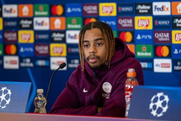 SOCCER - UEFA CL, RBS vs PSG SALZBURG,AUSTRIA,09.DEC.24 - SOCCER - UEFA Champions League, Red Bull Salzburg vs Paris Saint German, preview, press conference, PK, Pressekonferenz PSG. Image shows Bradley Barcola (PSG).  GEPAxpictures xWolfgangxKofler