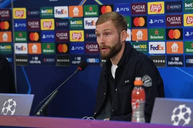 Soccer Champions League international press conference FC Bayern Munich on 09 12 2024 at the Arena AufSchalke in Gelsenkirchen Konrad Laimer Munich xRx