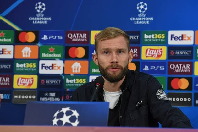 Soccer Champions League international press conference FC Bayern Munich on 09 12 2024 at the Arena AufSchalke in Gelsenkirchen Konrad Laimer Munich xRx