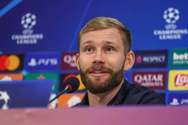 09 12 2024, Football, Season 2024 2025, Champions League, Matchday 6, Press conference FC Bayern Munich, Konrad Laimer FC Bayern Munich Gelsenkirchen Veltins Arena NRW Germany xRHR PHOTO TRx Copyright: TimxRehbein RHR-FOTOx RHR-FOTO TR